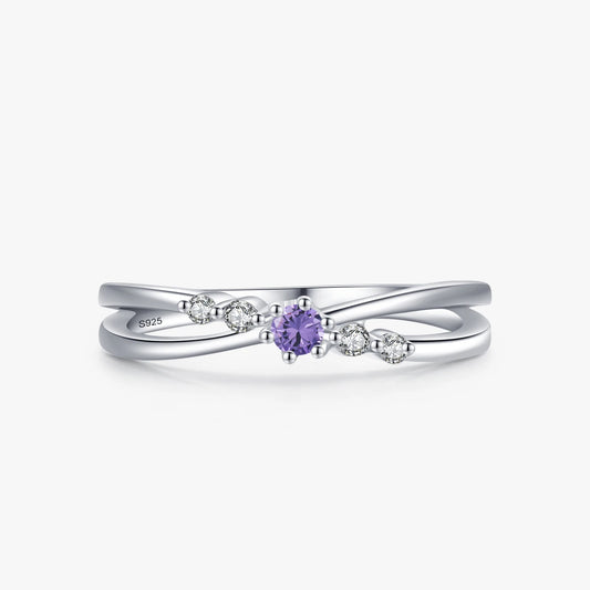Amethyst Crystal Ring – Sterling Silver Twisted Band with Diamond Accents, Elegant Minimalist Jewelry for Women