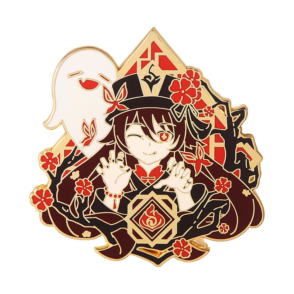 Decorative pin with anime-style character and red floral elements on a white background
