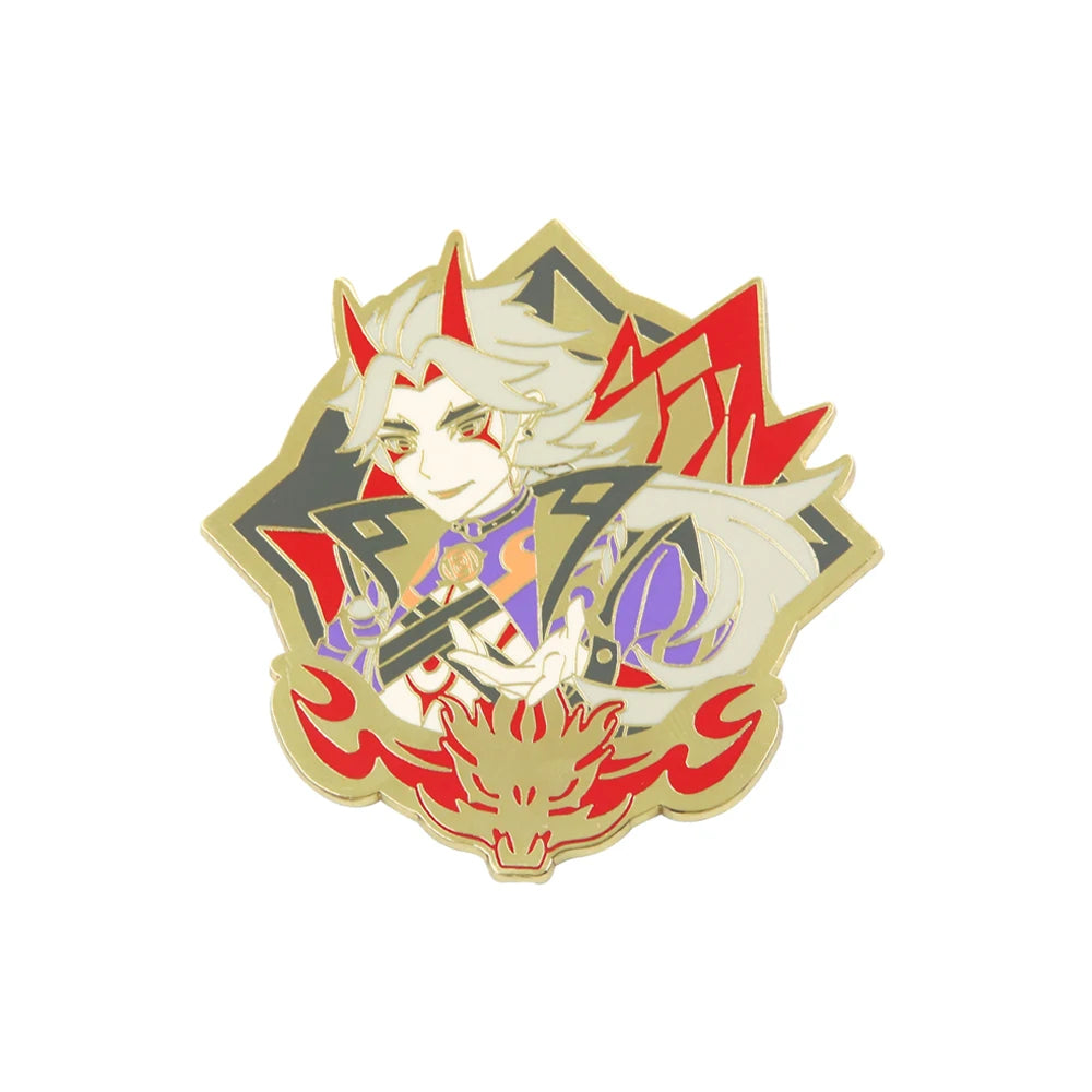Decorative badge with a stylized character design on a white background