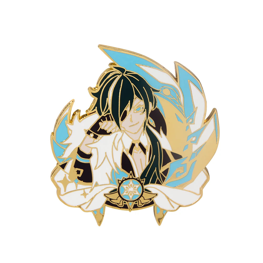 Pin with anime-style character holding a weapon on a white background