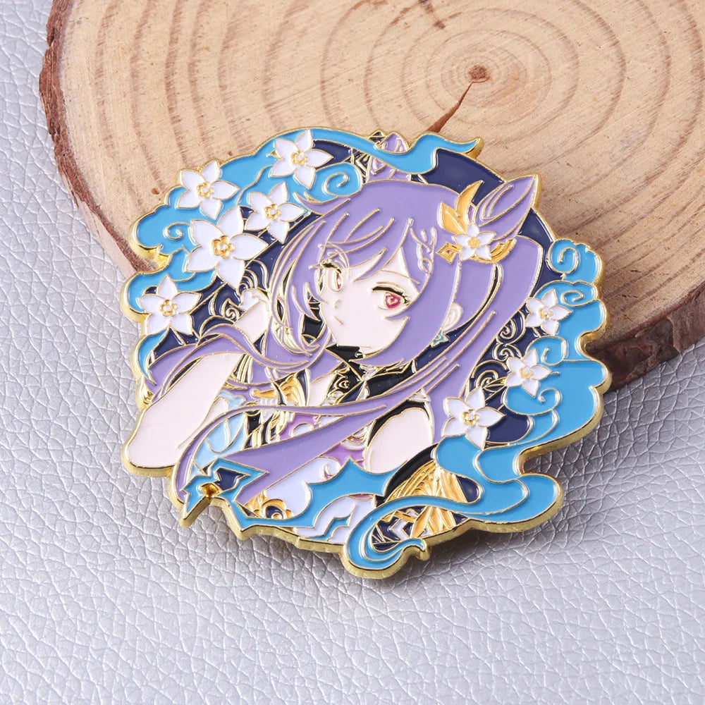 Enamel pin with an anime-style character on a wooden block
