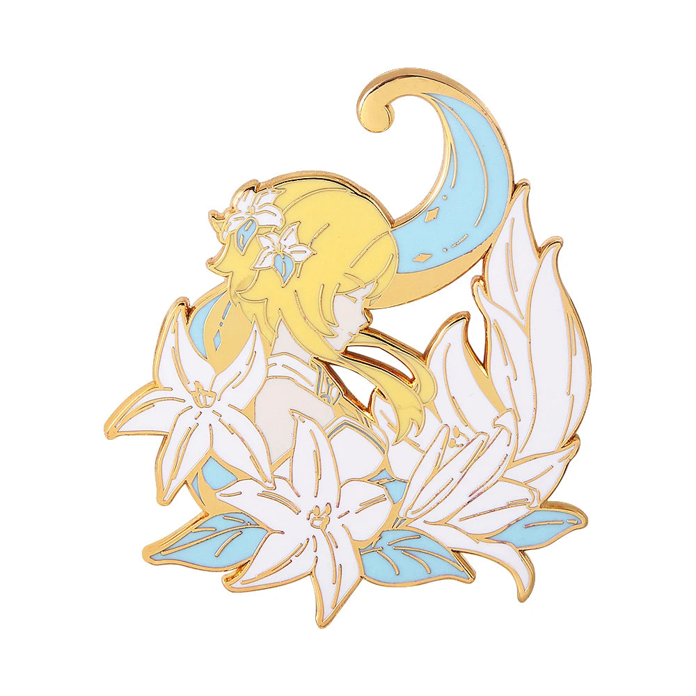 Pin with a design of a girl with blonde hair, flowers, and a moon on a white background