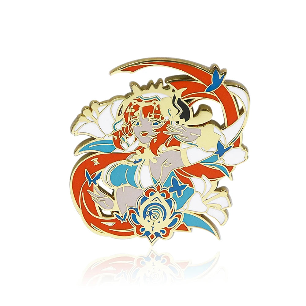 Colorful enamel pin with a character design on a white background