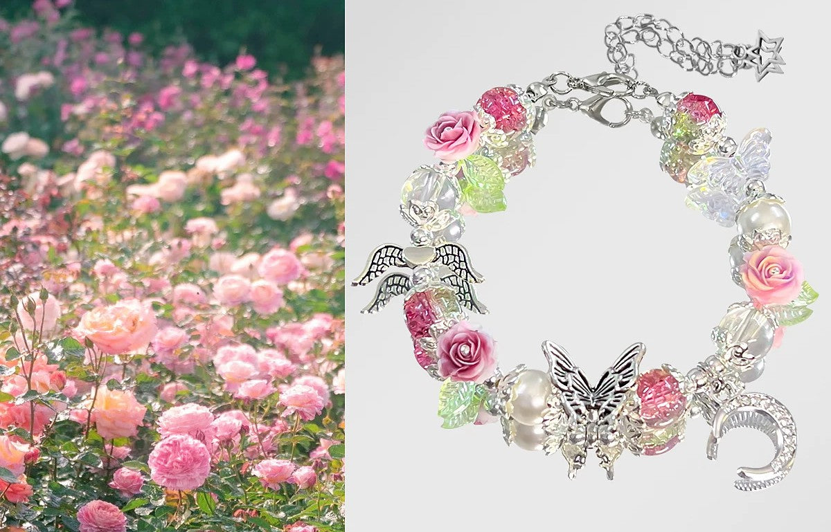 Persian Rose - Handmade Pink Rose Butterfly Charm Bracelet