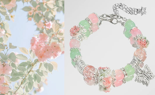 Handmade Pink & Green Rose Charm Bracelet | Pastel Floral Beaded Bracelet | Fairycore Cottagecore Jewelry