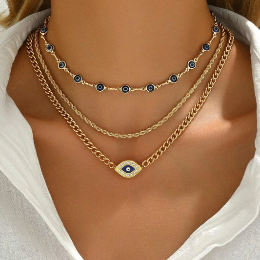 Evil Eye Layered Necklace Gold – 3 Layer Chain Necklace Set, Minimalist Boho Jewelry, Protection Necklace Gift for Women