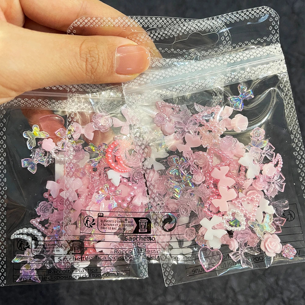50Pcs Pearl Pink Bowknot Heart Shaped Rhinestones Mixed Nail Decorations Kawaii Flowers Butterfly Charms DIY Nail Accessories