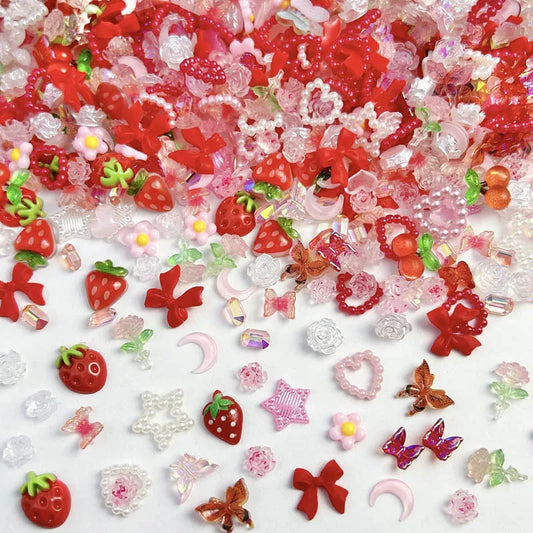 100PCS Random Mixed Strawberry Flowers Nail Charms Sweet Resin Flatback