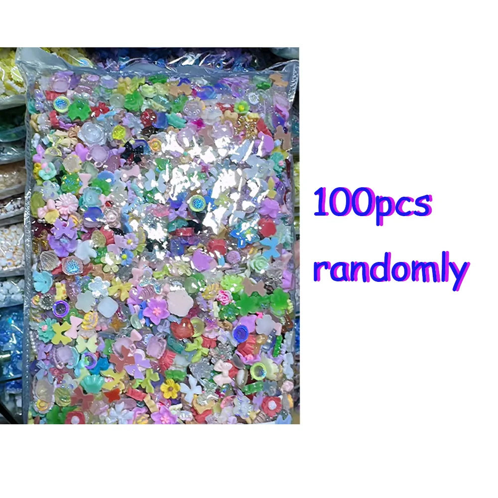 100PCS Random Mixed Strawberry Flowers Nail Charms Sweet Resin Flatback