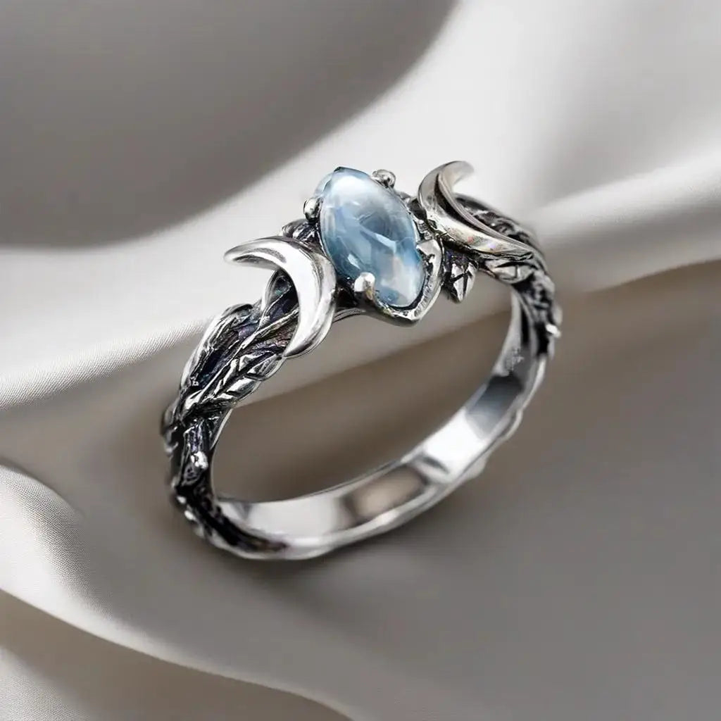 Moonstone Crescent Moon Ring – Vintage Celestial Leaf Band Silver Ring for Women | Witchy Fantasy Aesthetic Jewelry
