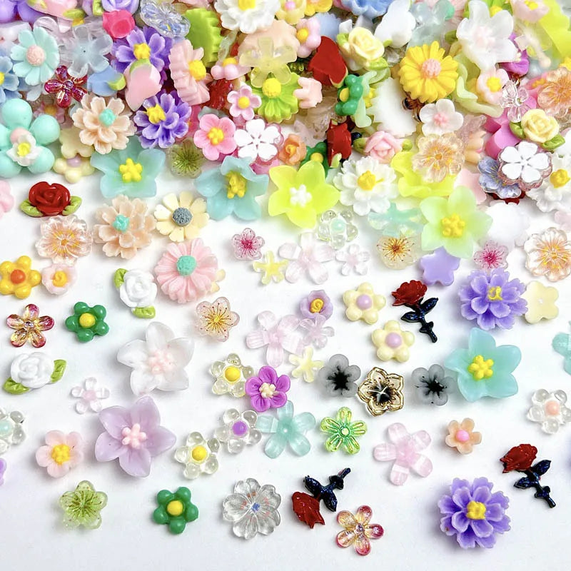 100PCS Random Mixed Strawberry Flowers Nail Charms Sweet Resin Flatback