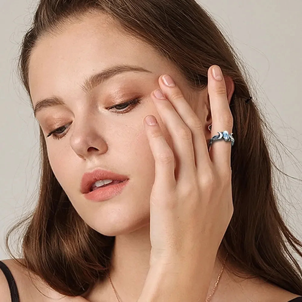 Moonstone Crescent Moon Ring – Vintage Celestial Leaf Band Silver Ring for Women | Witchy Fantasy Aesthetic Jewelry