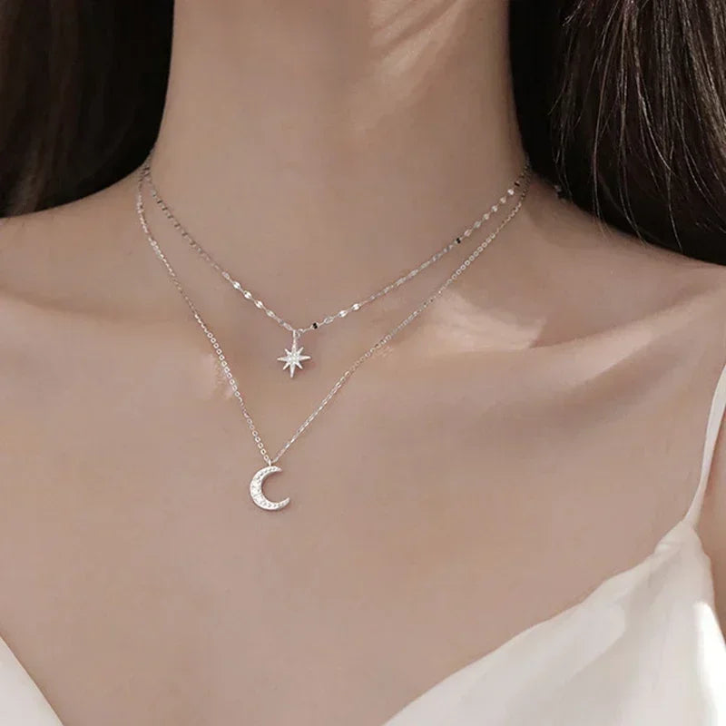 New Fashion Silver Color Double Layer Star Moon Necklace for Women Charm Delicate Zircon Stainless Steel Choker Chain Jewelry