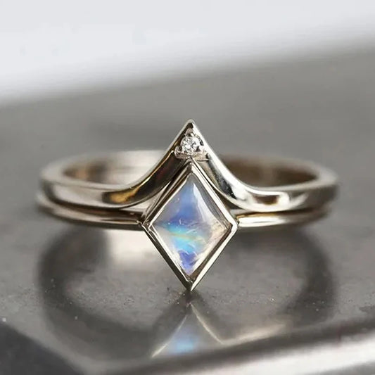 Celestial Opal Diamond Rhombus Ring Set – Minimalist Fantasy Stackable Silver Rings for Women | Moonstone Aesthetic Jewelry