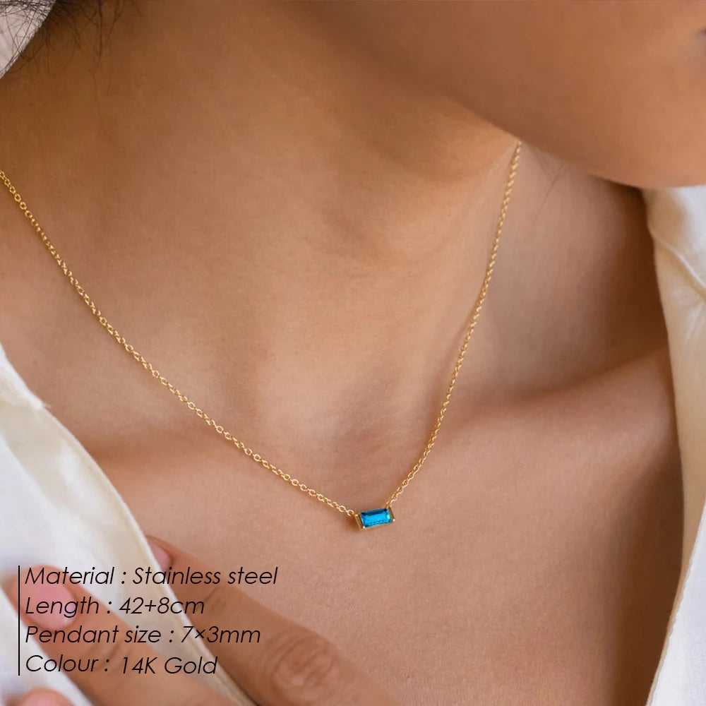 Stainless Steel Colorful Birthstone Pendant Necklace Choker Luxury Design Jewelry Holiday  Gift Wholesale