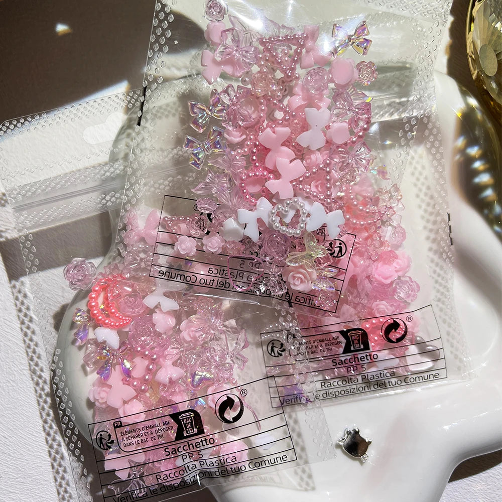 50Pcs Pearl Pink Bowknot Heart Shaped Rhinestones Mixed Nail Decorations Kawaii Flowers Butterfly Charms DIY Nail Accessories