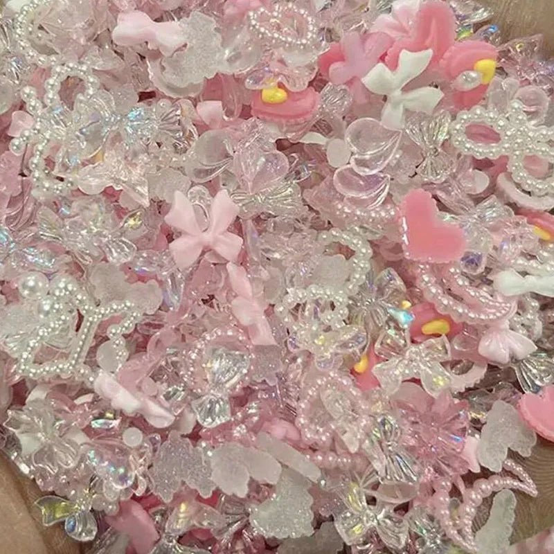 50Pcs Pearl Pink Bowknot Heart Shaped Rhinestones Mixed Nail Decorations Kawaii Flowers Butterfly Charms DIY Nail Accessories