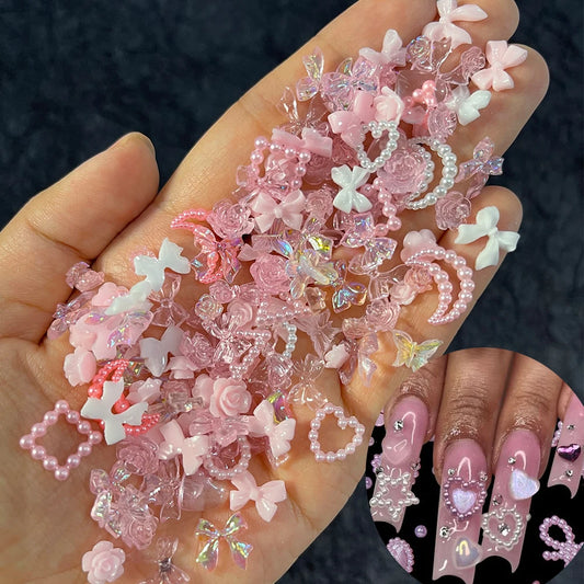50Pcs Pearl Pink Bowknot Heart Shaped Rhinestones Mixed Nail Decorations Kawaii Flowers Butterfly Charms DIY Nail Accessories