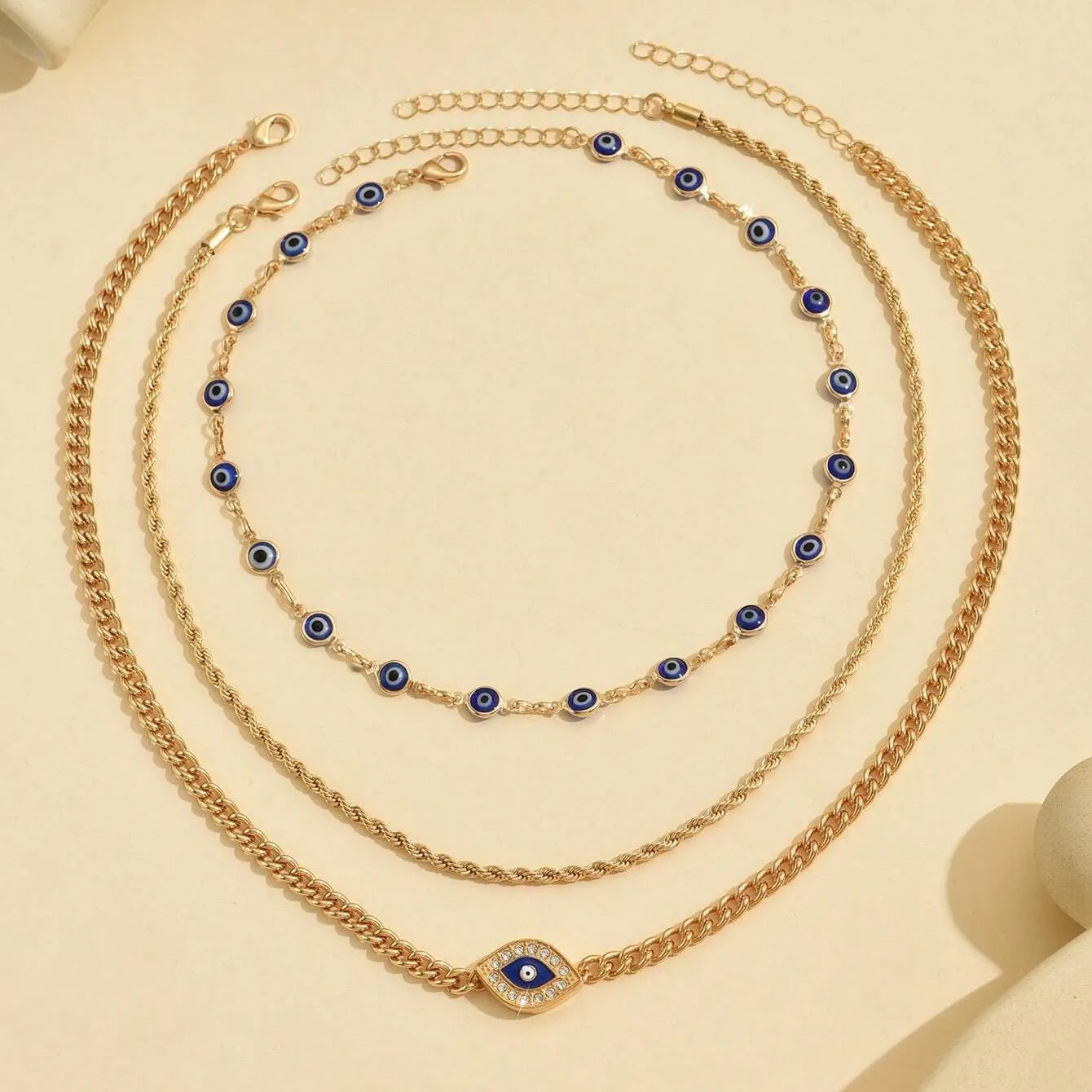 Evil Eye Layered Necklace Gold – 3 Layer Chain Necklace Set, Minimalist Boho Jewelry, Protection Necklace Gift for Women