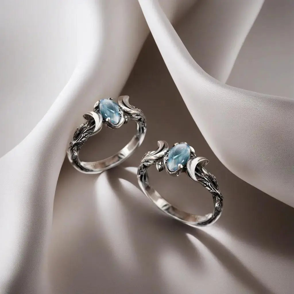 Moonstone Crescent Moon Ring – Vintage Celestial Leaf Band Silver Ring for Women | Witchy Fantasy Aesthetic Jewelry