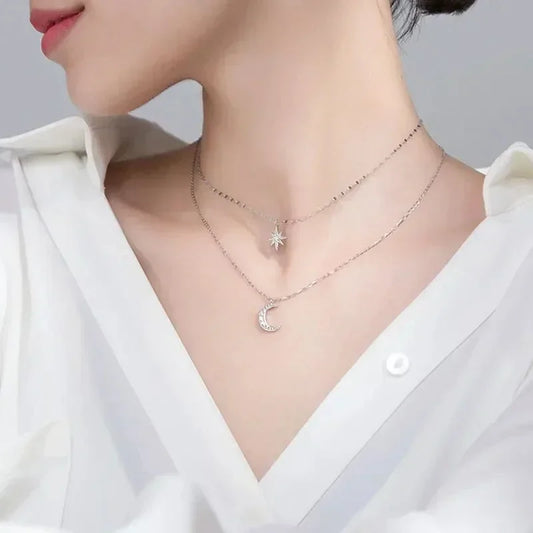 Silver Moon & Star Layered Necklace – Minimalist Double Layer Celestial Necklace, Crystal Pendant Jewelry for Women
