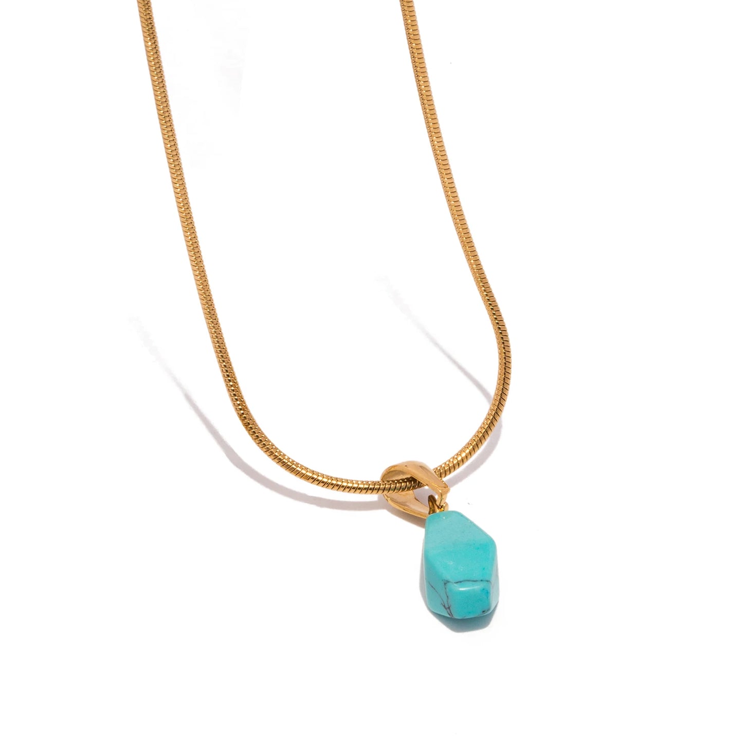 Gold Natural Stone Pendant Necklace – Turquoise, Lazurite, Rose Quartz, Minimalist Snake Chain Jewelry for Women