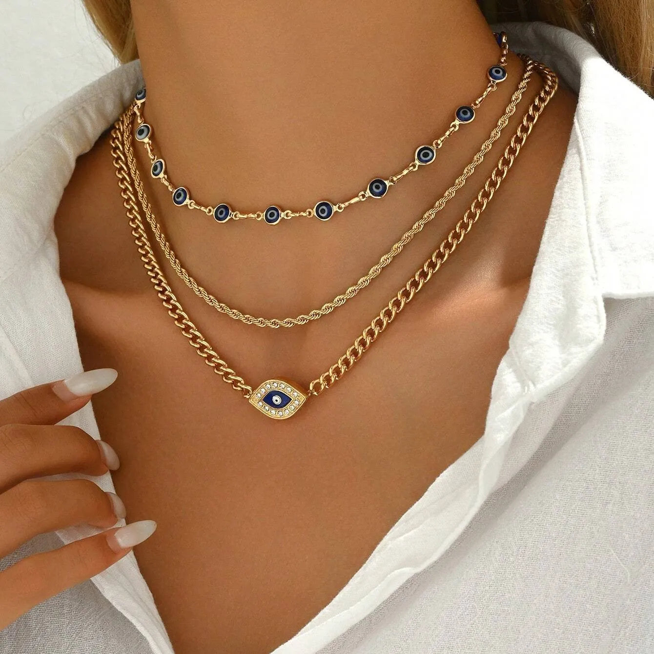 Evil Eye Layered Necklace Gold – 3 Layer Chain Necklace Set, Minimalist Boho Jewelry, Protection Necklace Gift for Women