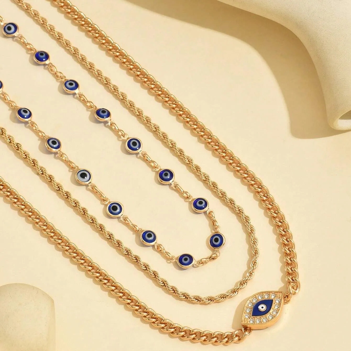 Evil Eye Layered Necklace Gold – 3 Layer Chain Necklace Set, Minimalist Boho Jewelry, Protection Necklace Gift for Women