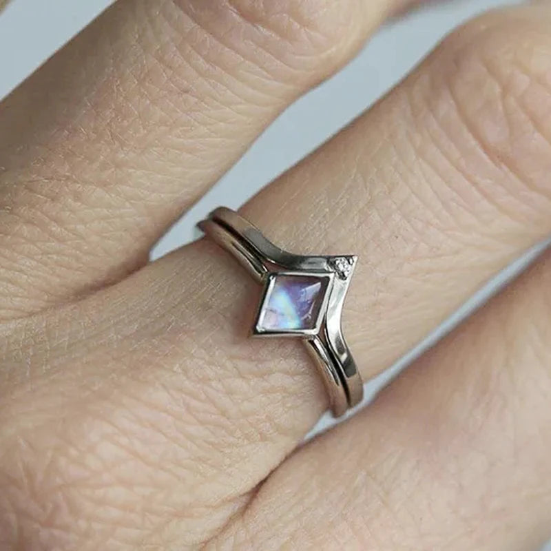 Celestial Opal Diamond Rhombus Ring Set – Minimalist Fantasy Stackable Silver Rings for Women | Moonstone Aesthetic Jewelry