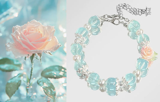 Handmade Sea Salt Rose Charm Bracelet | Aqua Blue Beaded Floral Bracelet | Cottagecore Fairycore Jewelry