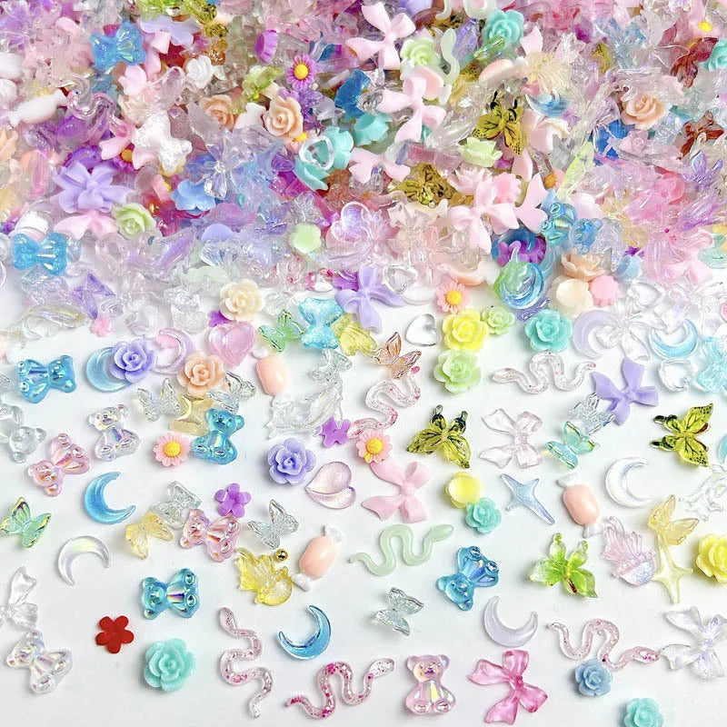100PCS Random Mixed Strawberry Flowers Nail Charms Sweet Resin Flatback