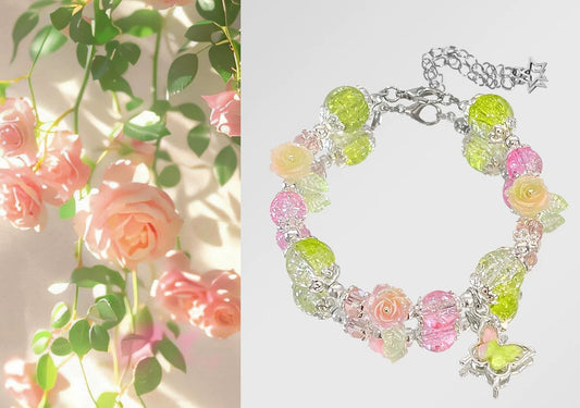 Handmade Spring Roses Charm Bracelet | Pink & Green Floral Beaded Bracelet | Cottagecore Jewelry Gift