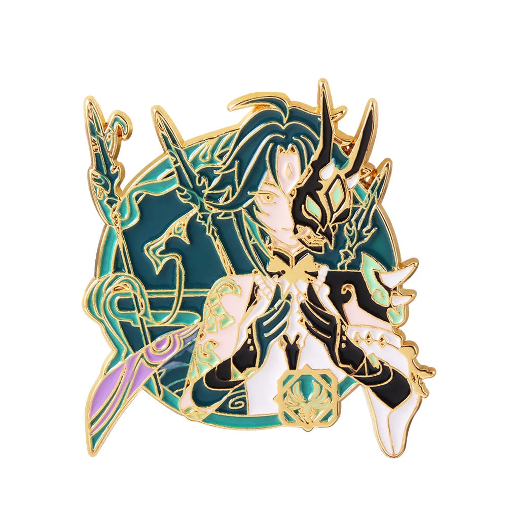 Decorative pin with fantasy character design on a white background