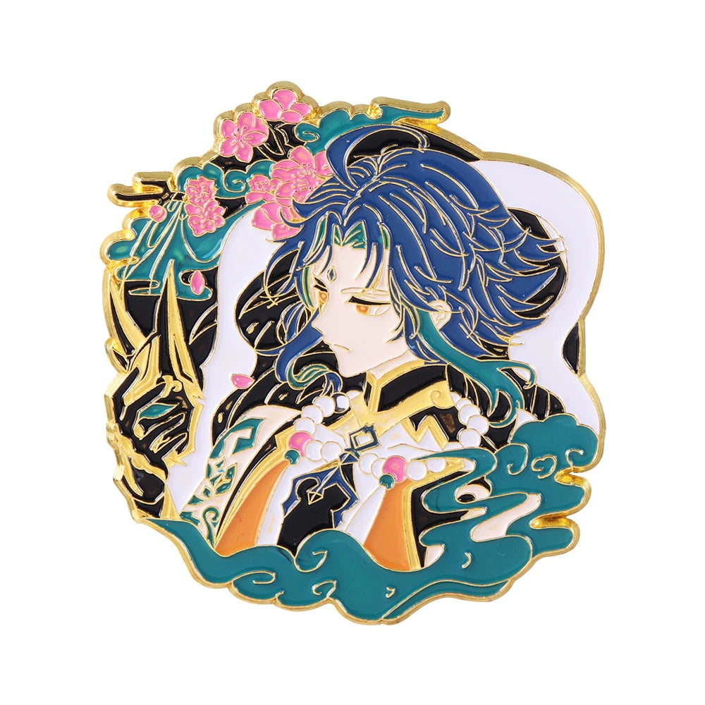 Decorative pin with an anime-style character, flowers, and traditional elements on a white background