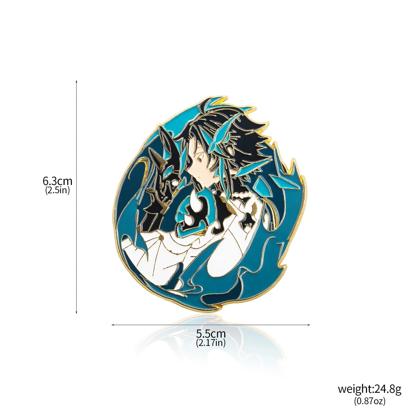 Pin with an anime character design, showing measurements and weight on a white background