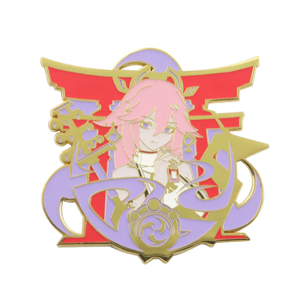Pin with anime character and stylized design on a white background