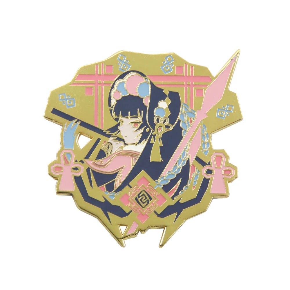 Decorative badge with a character holding a spear on a white background