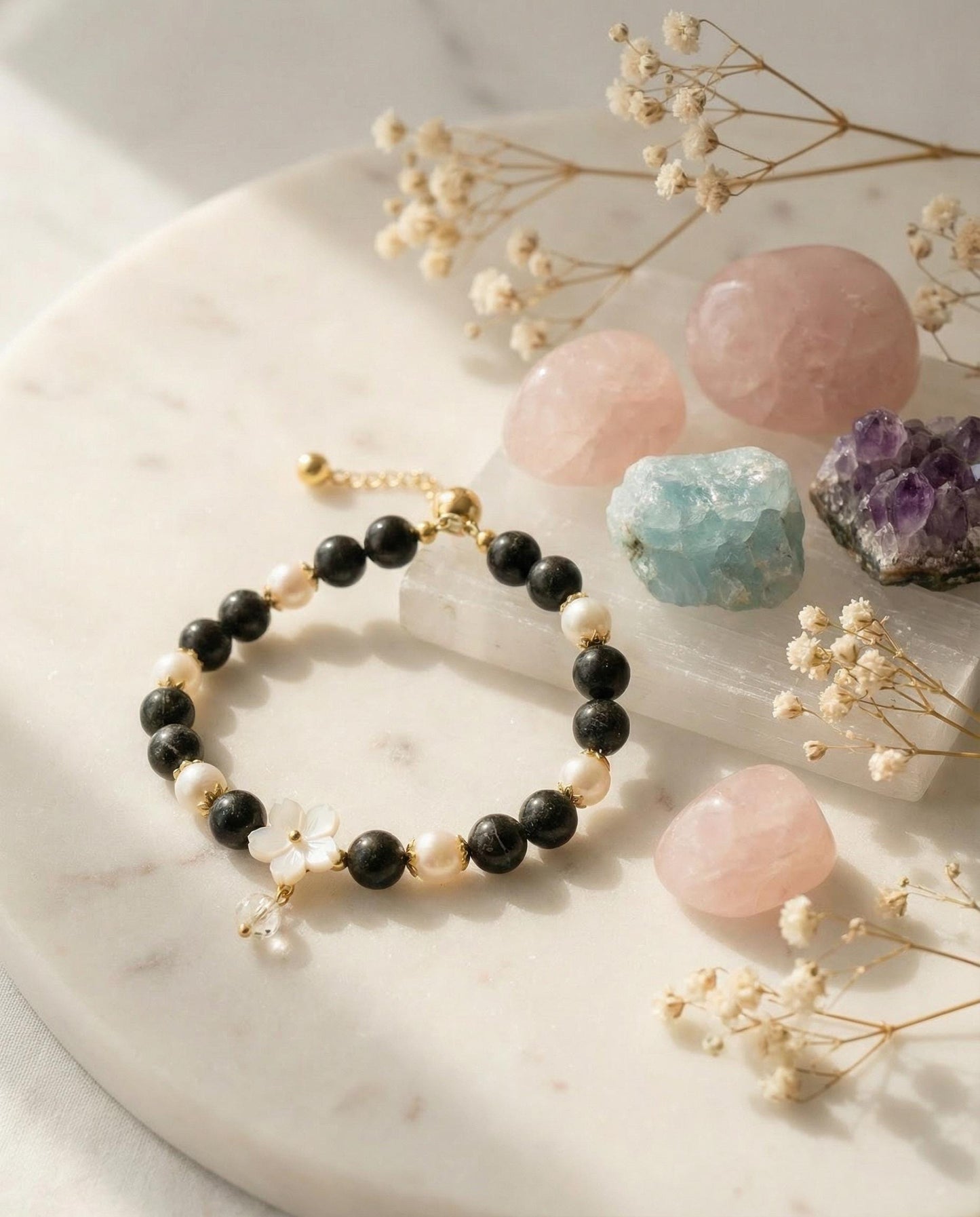 Green Jade & Pearl Bracelet Handmade | Dainty Gemstone Bracelet Gift for Her | Flower Charm Adjustable Bracelet | Minimalist Jewelry