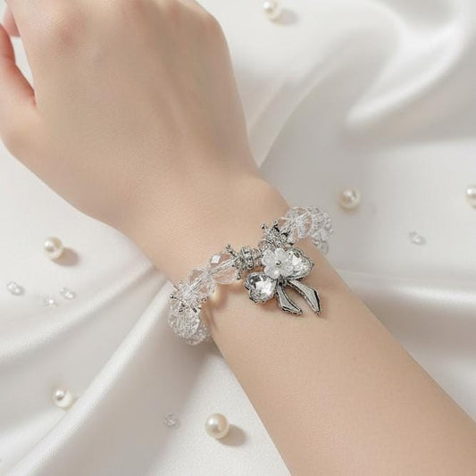 Crystal Bridal Bracelet with Silver Bow Flower Charm, Adjustable Wedding Jewelry, Elegant Gift for Her