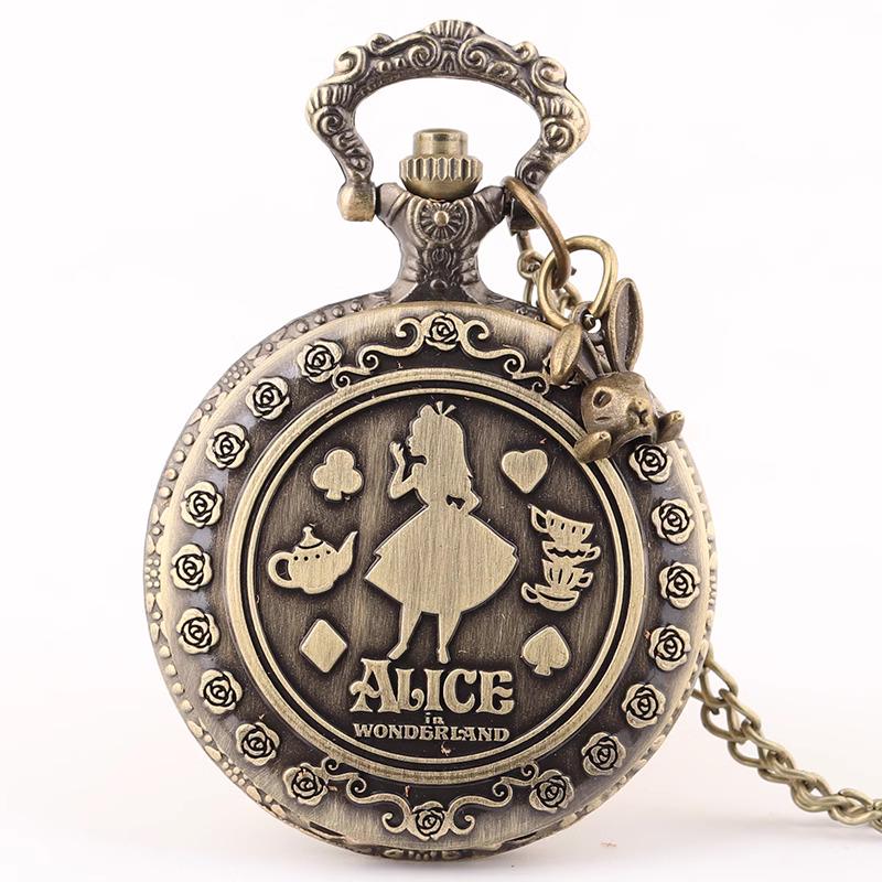 Vintage Alice in Wonderland Pocket Watch Necklace with Rabbit Charm