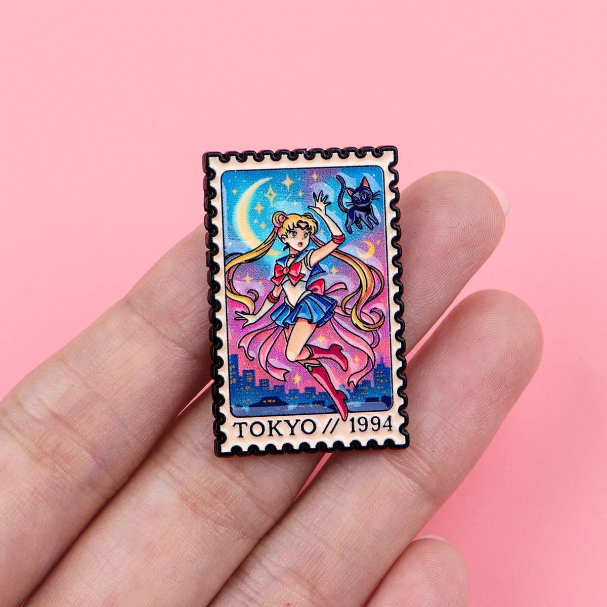 Sailor Moon Tokyo 1994 Stamp Pin - Anime Lapel Accessory with Luna Cat