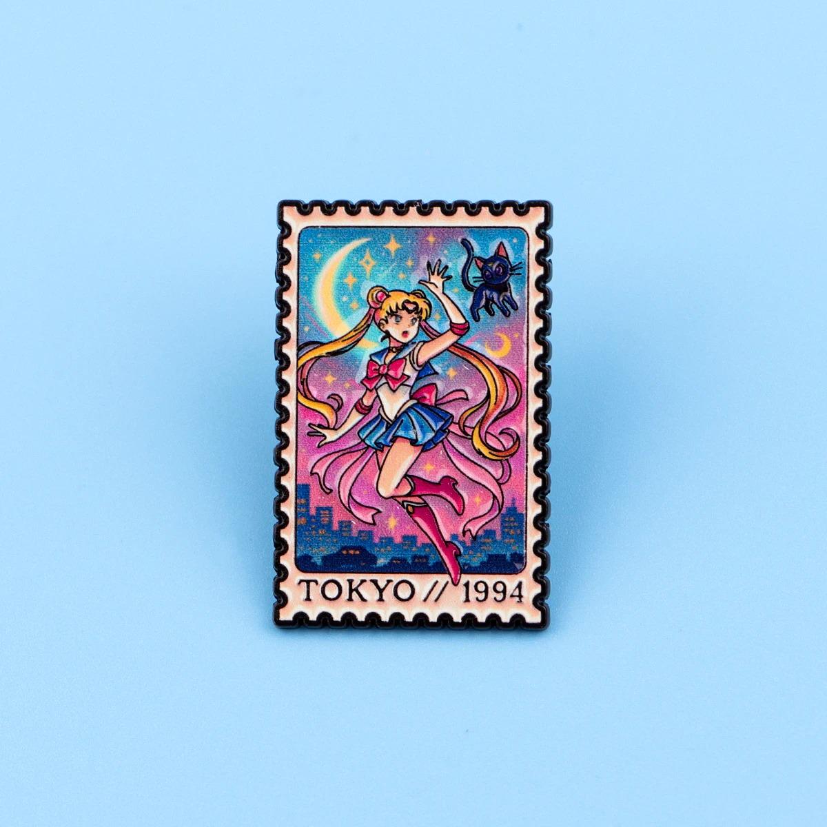 Sailor Moon Tokyo 1994 Stamp Pin - Anime Lapel Accessory with Luna Cat