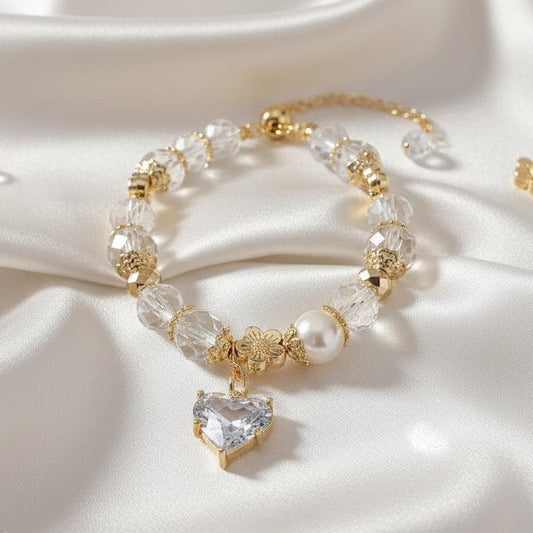 Gold Crystal Bracelet with Heart Pendant, Bridal Wedding Jewelry, Romantic Gift for Her