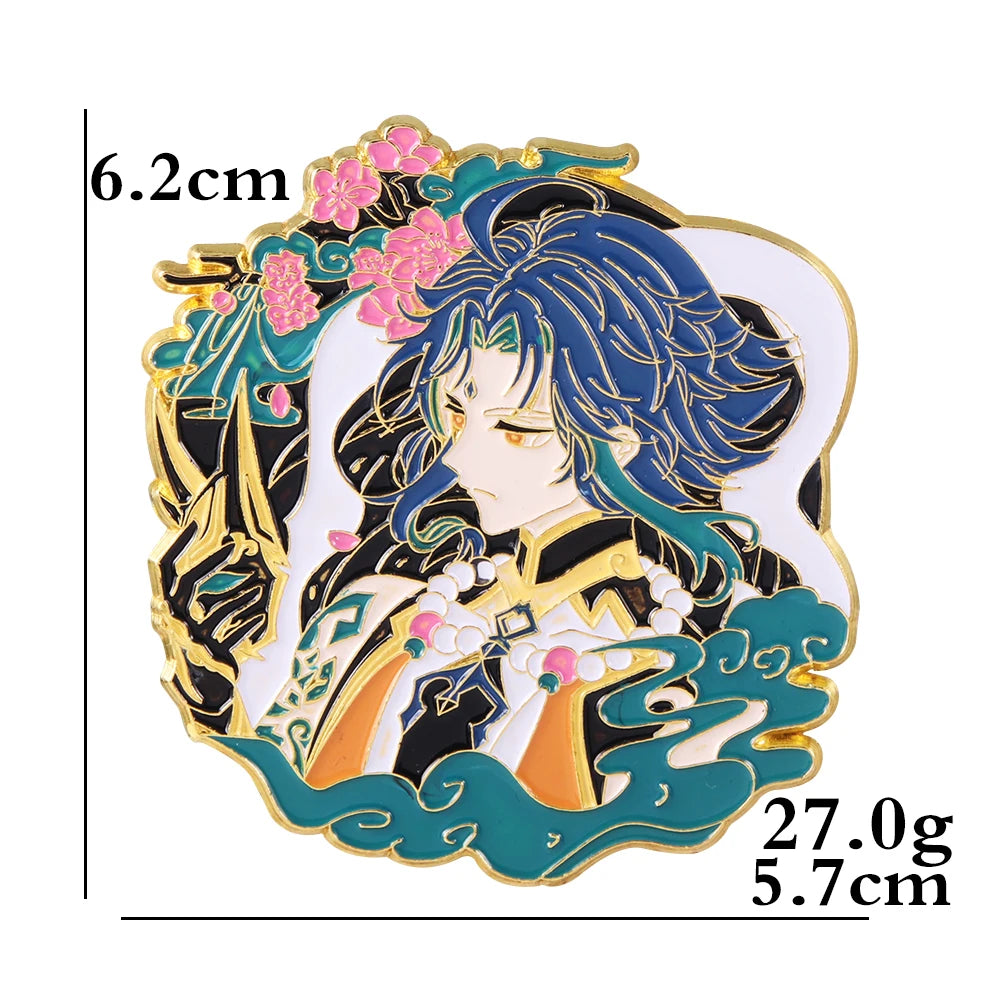 Pin with anime-style character, measurement details, and weight on a white background