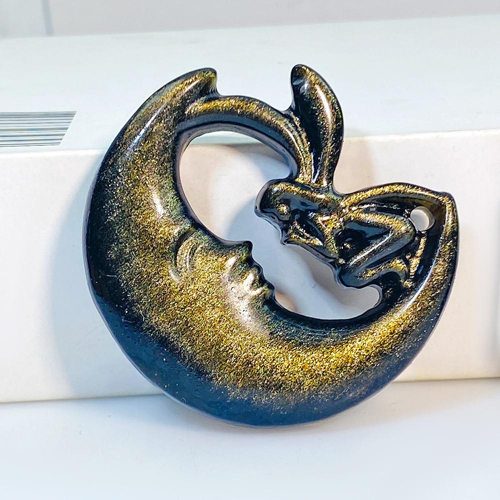 Obsidian Moon and Fairy Carving (6cm) Protective Lunar for Intuition & Shadow Work