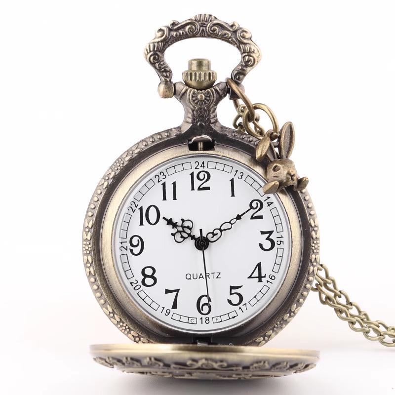 Vintage Alice in Wonderland Pocket Watch Necklace with Rabbit Charm