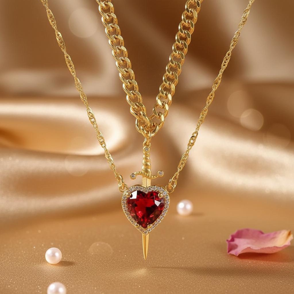 Enchanted Heart Sword Necklace – Crystal Pendant, Fairytale-Inspired Statement Jewelry for Women