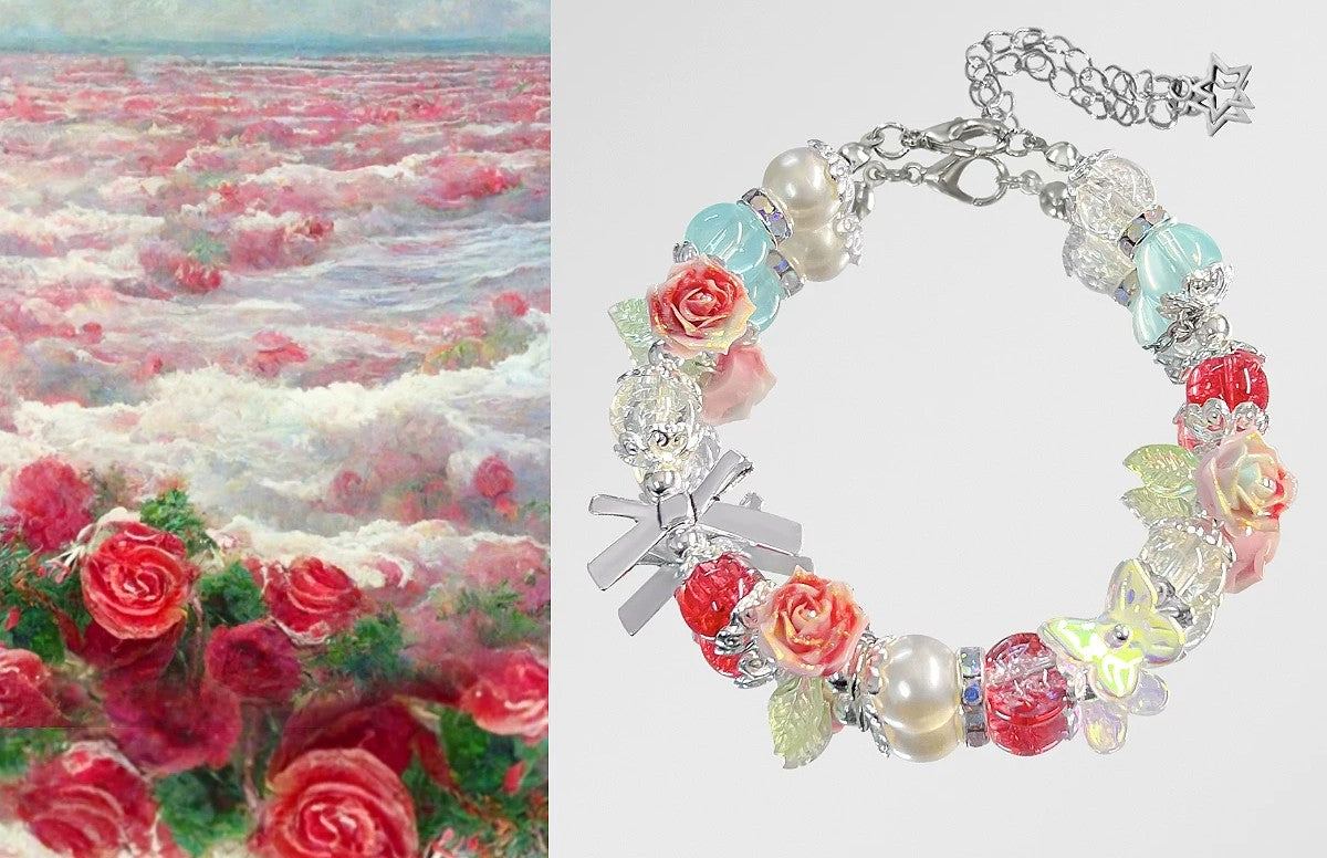 Cloud Rose - Handmade Rose Charm Bracelet | Floral Beaded Bracelet with Butterfly, Pearl & Rose Charms