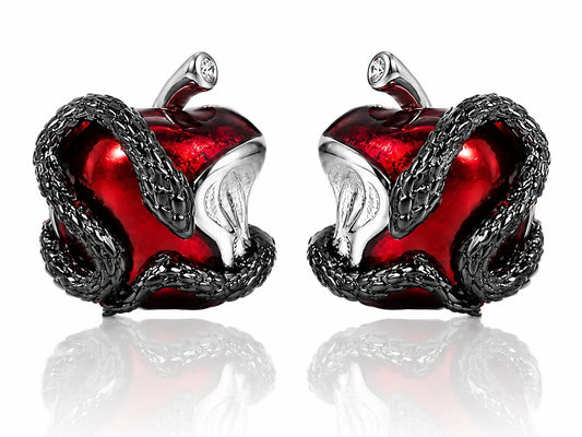 Poison Apple Earrings, Snake Wrapped Red Enamel Studs, Gothic Fantasy Jewelry, Dark Academia Accessory