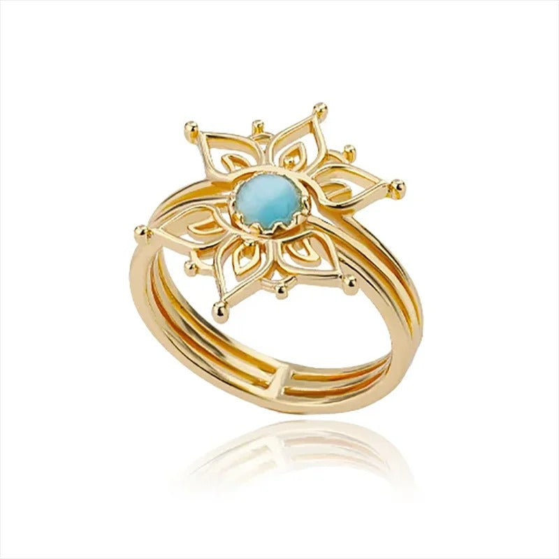 18K Gold Plated & Silver Lotus Turquoise Ring | Adjustable Stainless Steel Floral Ring | Boho Minimalist Statement Jewelry for Women
